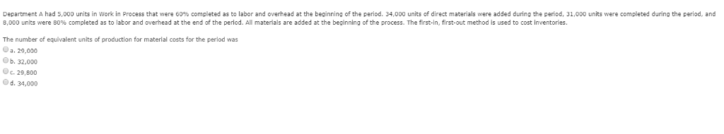  Department A had 5,000 units in work in process that were