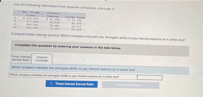 Use the following information from separate companies a through a Net Income