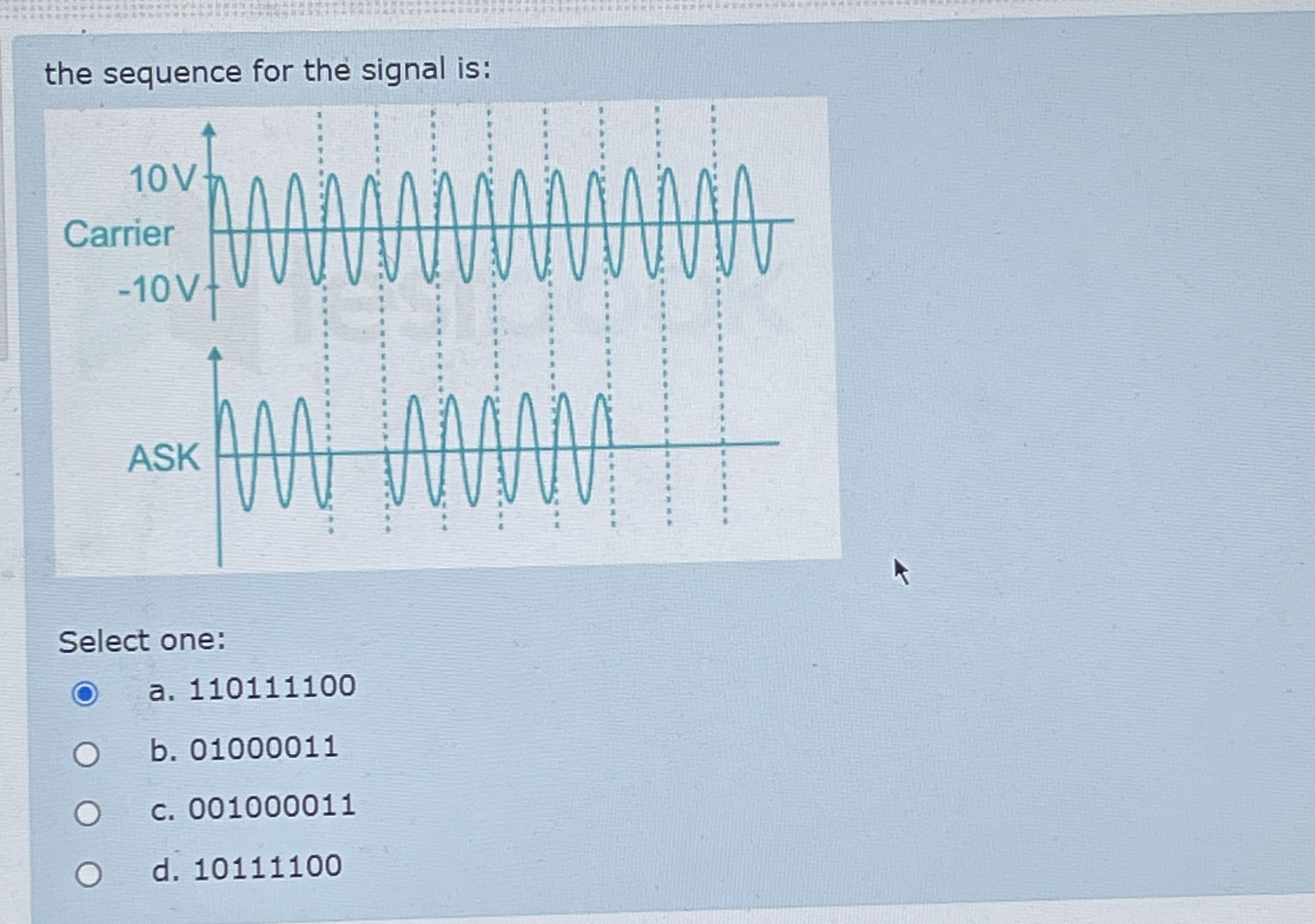  the sequence for the signal is: Select one: a.110111100 b.01000011 c.001000011