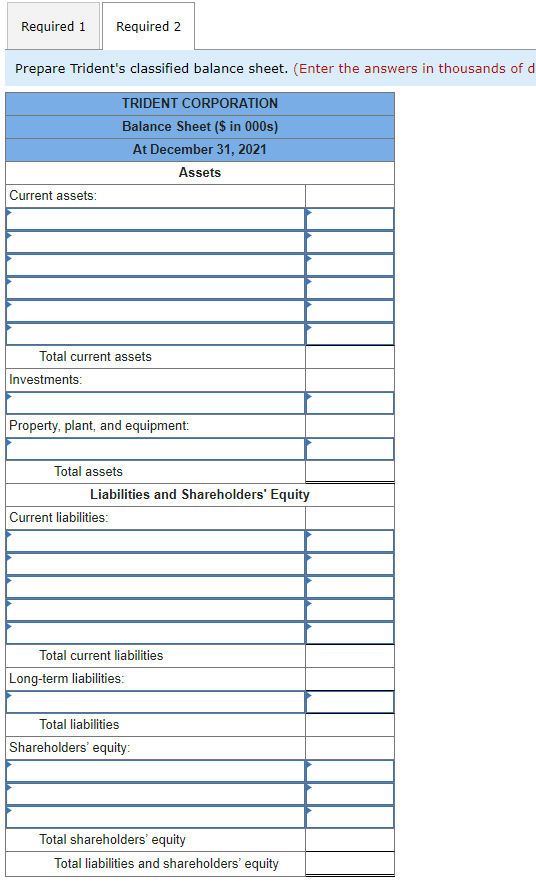 data listed below are taken from a balance sheet of Trident Corporation