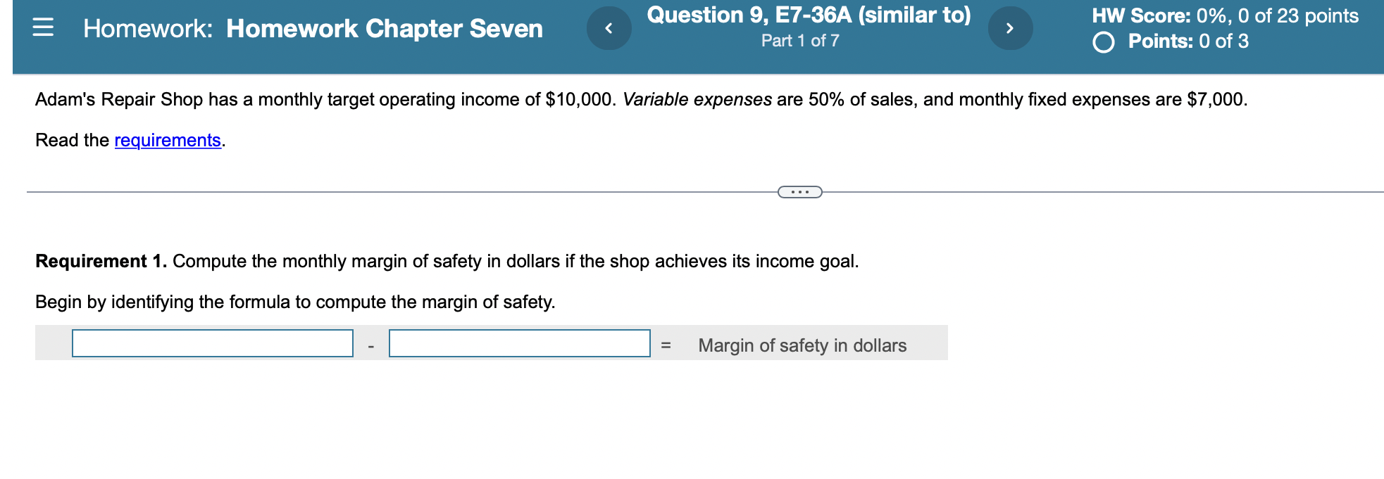  = Homework: Homework Chapter Seven Question 9, E7-36A (similar to) Part