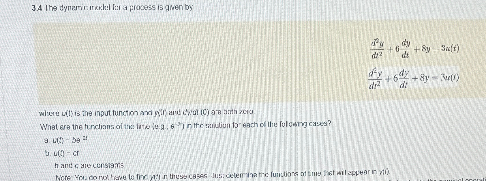  3.4 The dynamic model for a process is given by d2ydt2+6dydt+8y=3u(t)