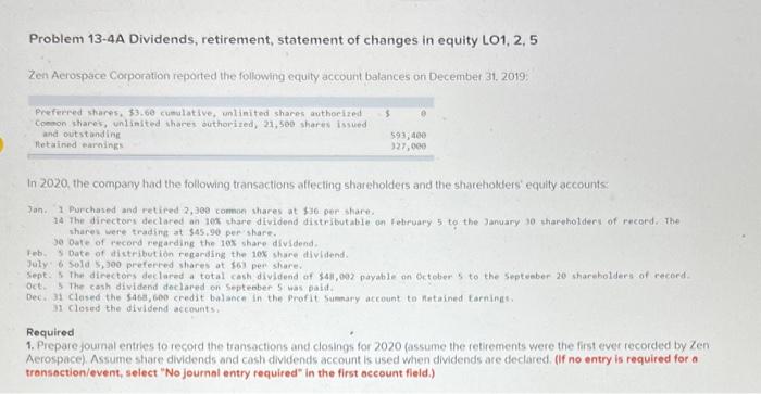  Problem 13-4A Dividends, retirement, statement of changes in equity LO1, 2,5
