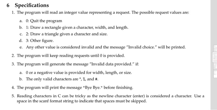  for C programming 6 Specifications 1. The program will read an