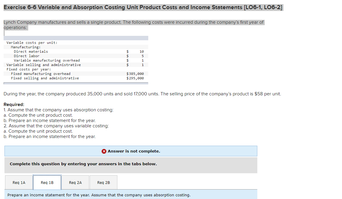 Exercise 6-6 Variable and Absorption Costing Unit Product Costs and Income