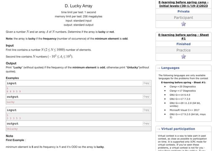 in c++ D. Lucky Array time limit per test: 1 second memory