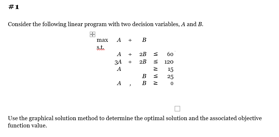  Consider the following linear program with two decision variables, A and