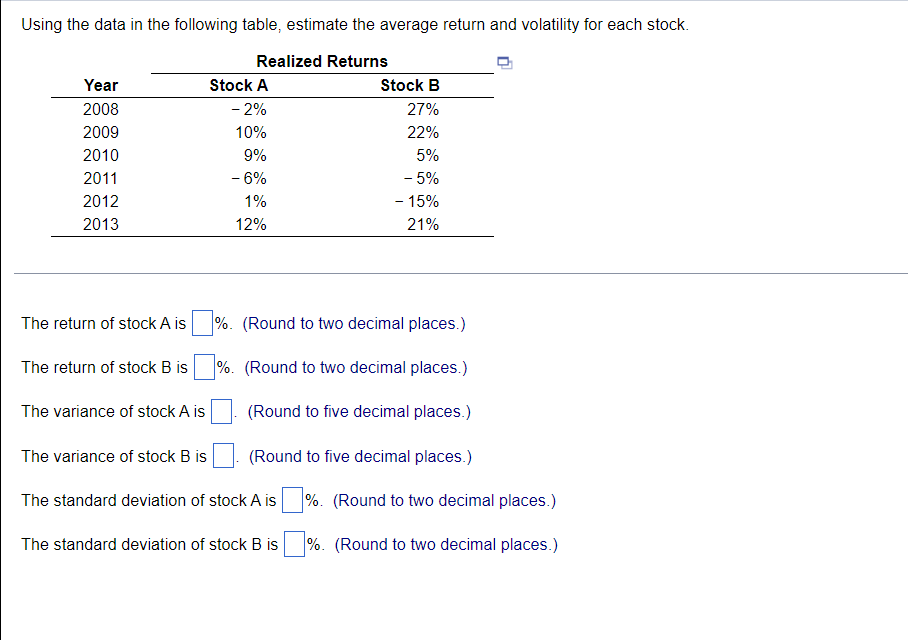 Using the data in the following table, estimate the average return and