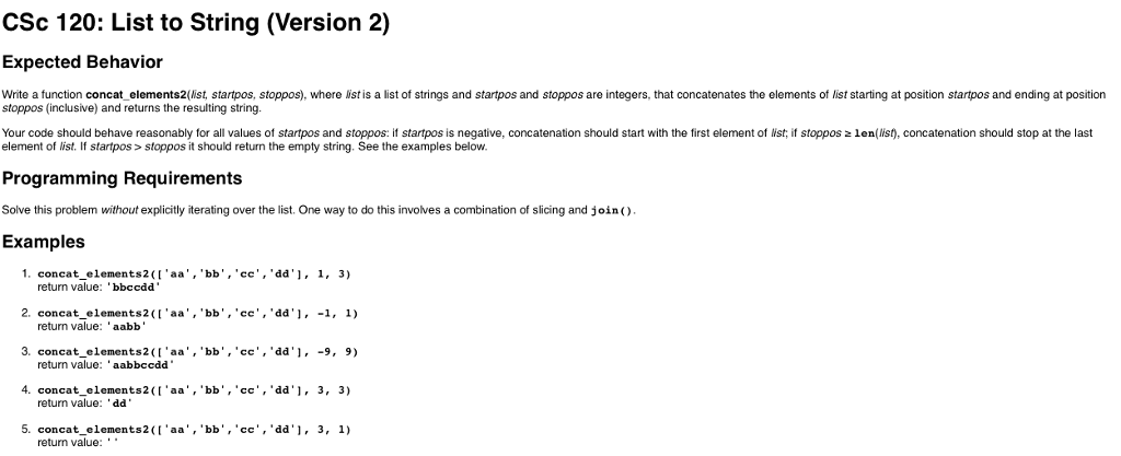 code as python coding CSc 120: List to String (Version 2) Expected