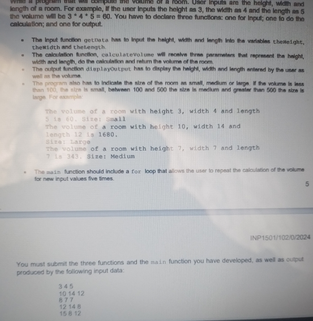  write a program that will compute the volume of a room.