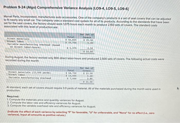  Problem 9-24 (Algo) Comprehensive Variance Analysis [LO9-4, LO9-5, LO9-6] Marvel Parts,