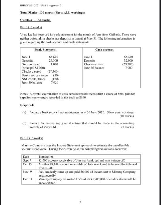  BHMH210t 2022-23SI Assignment 2 Total Marks: 100 marks (Show ALL workings)
