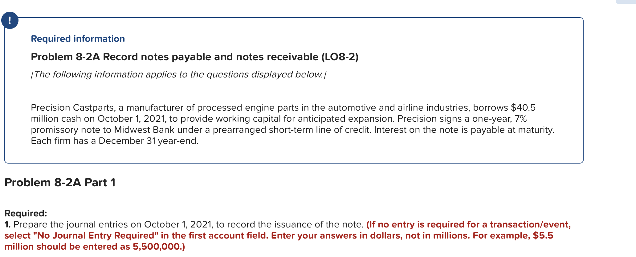  Required information Problem 8-2A Record notes payable and notes receivable (L08-2)
