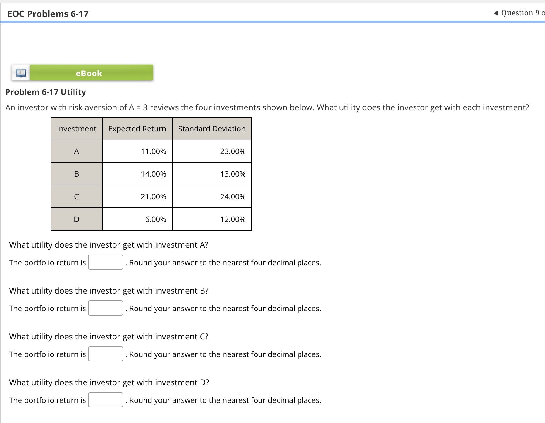  EOC Problems 6-17 Question 90 eBook Problem 6-17 Utility An investor