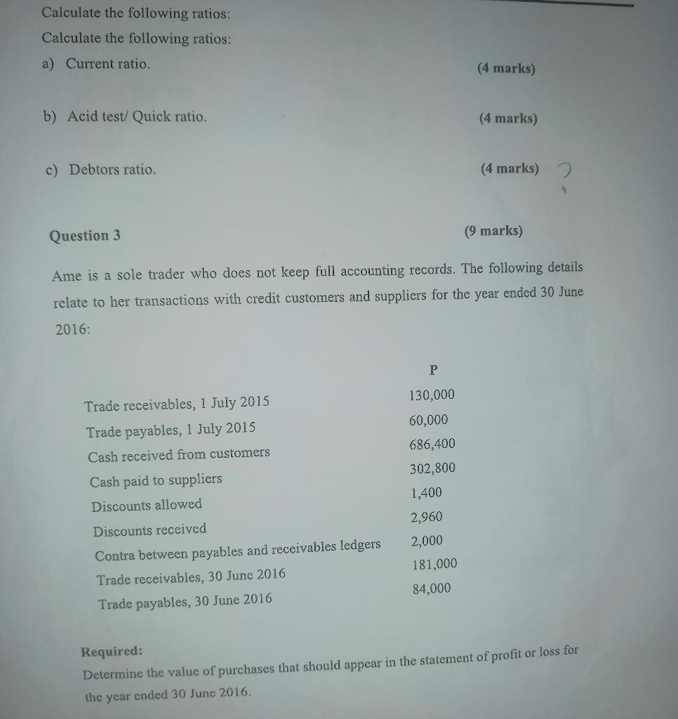  CALCULATE THE FOLLOWING RATIOS: a. Current Ratio (4marks) b. Quick Ratio