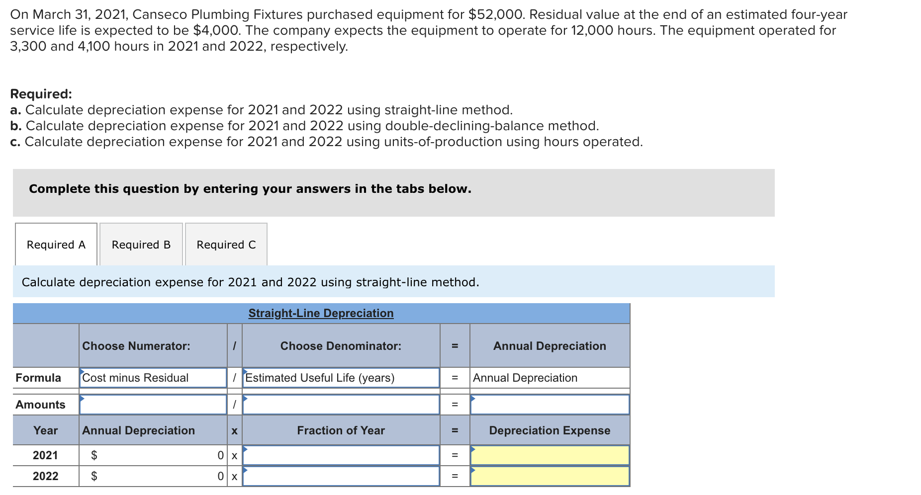 equipment for $52,000. Residual value at the end of an estimated four-year