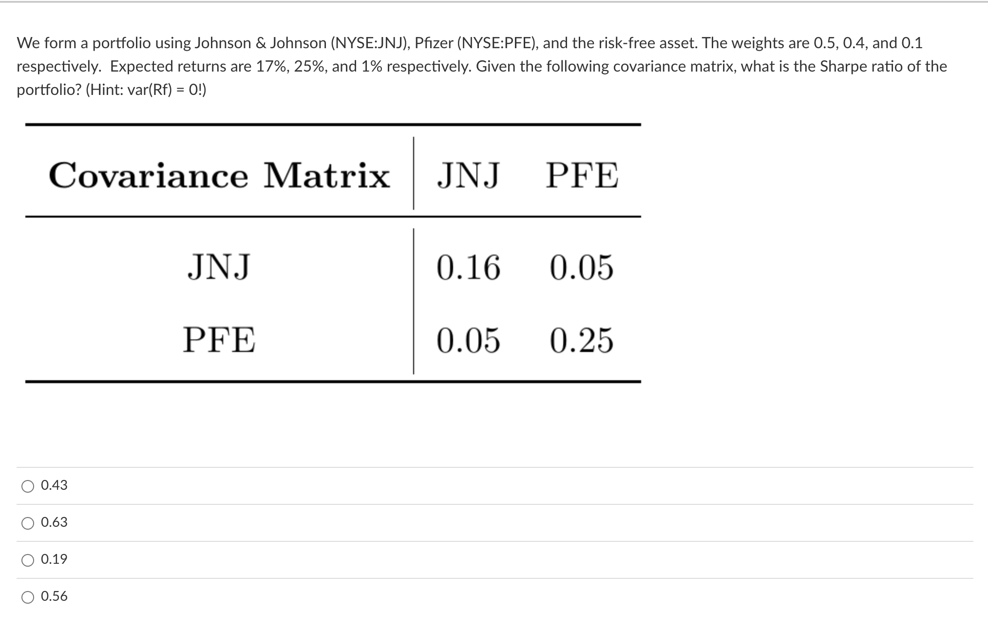 We form a portfolio using Johnson \& Johnson (NYSE:JNJ), Pfizer (NYSE:PFE),
