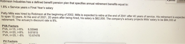  Points SAVA Robinson Industries has a defined benefit pension plan that