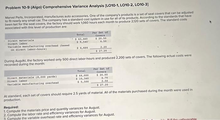 help please Problem 10-9 (Algo) Comprehensive Variance Analysis [LO10-1, LO10-2, LO10-3] Marvel