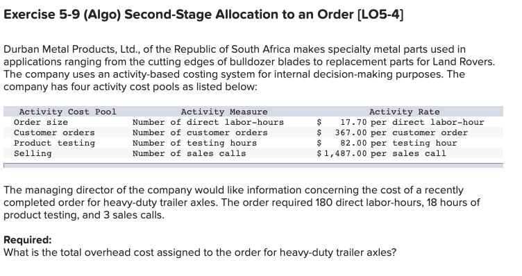 Exercise 5-9 (Algo) Second-Stage Allocation to an Order (LO5-4) Durban Metal