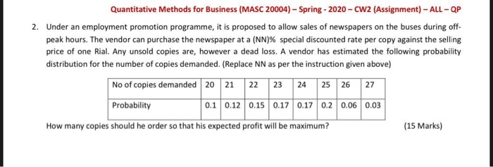  Quantitative Methods for Business (MASC 20004) - Spring-2020 -CW2 (Assignment) -