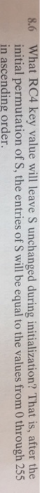  8.6 What RC4 key value will leave S unchanged during initialization?