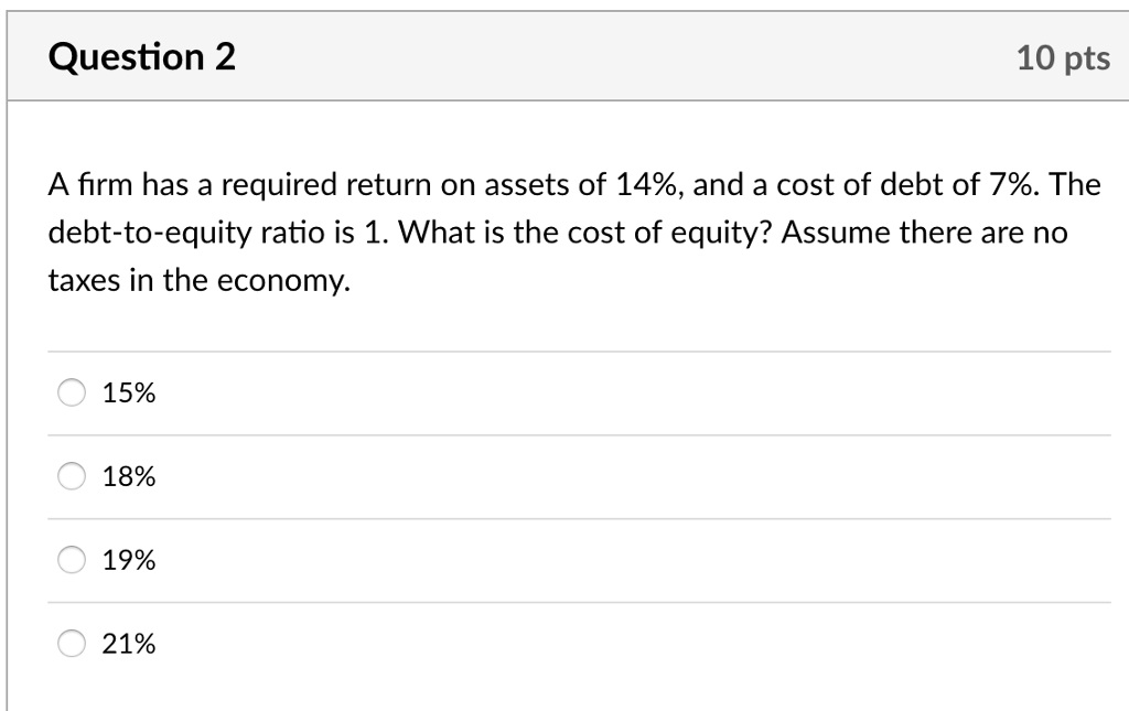 10 pts Question 2 A firm has a required return on