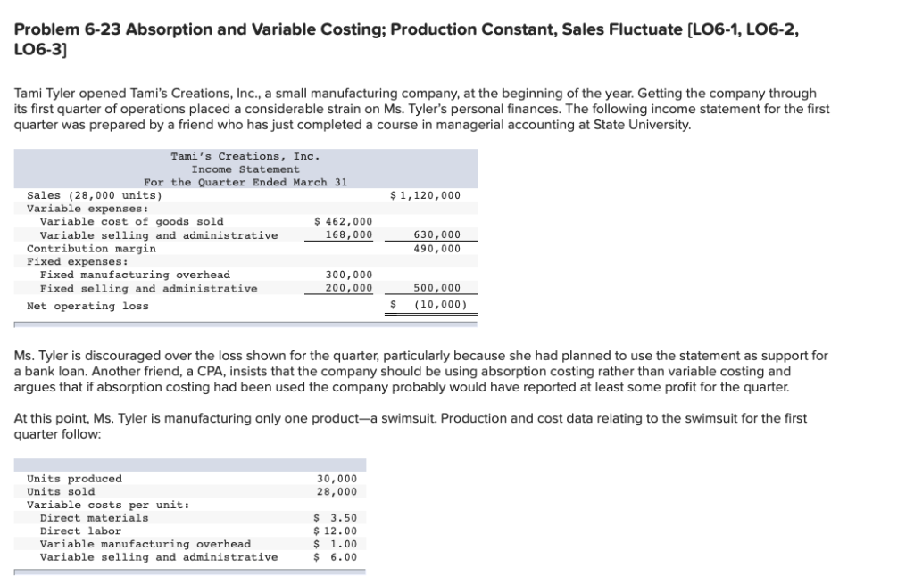 Problem 6-23 Absorption and Variable Costing; Production Constant, Sales Fluctuate [LO6-1,