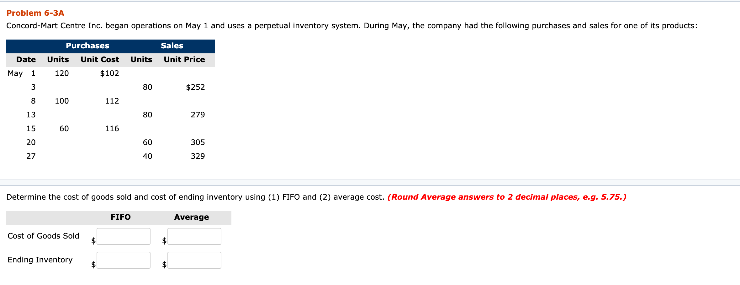  Problem 6-3A Concord-Mart Centre Inc. began operations on May 1 and