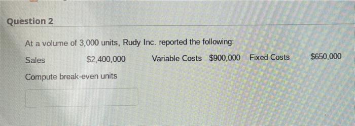 At a volume of 3,000 units, Rudy Inc. reported the following: Sales