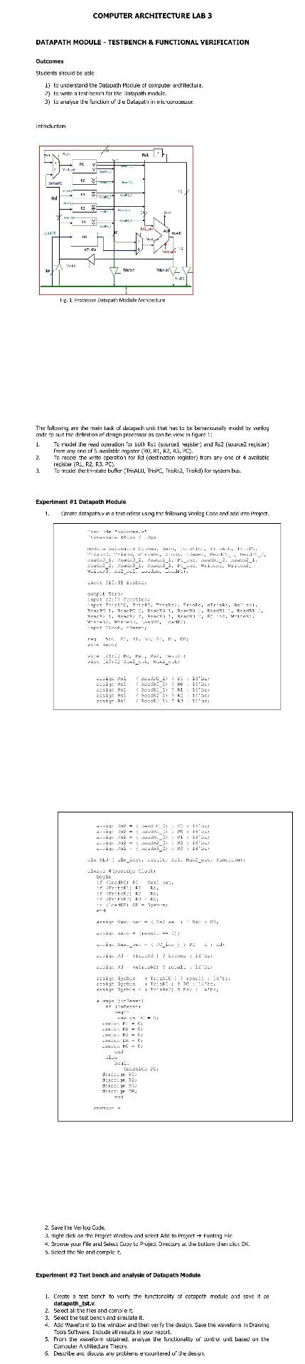  DATAPATH MODULE - TESTBENCH \& FUNCTIONAL VERIFICATION Outromes stucents sncud te