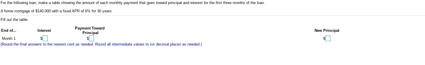 For the following loan, make a table showing the amount of