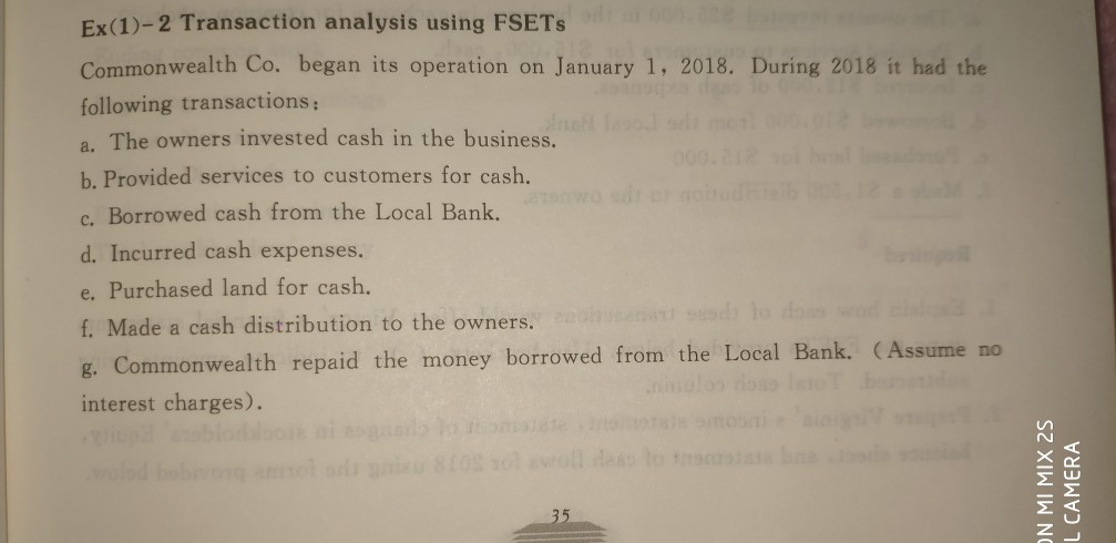  Ex(1)-2 Transaction analysis using FSETS Commonwealth Co. began its operation on