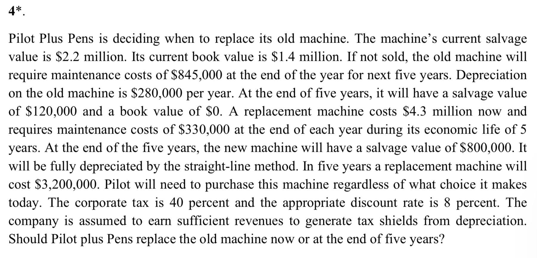  Pilot Plus Pens is deciding when to replace its old machine.
