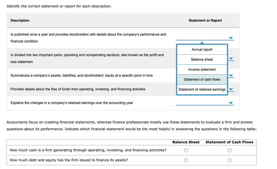 Identify the correct statement or report for each description. Description Statement