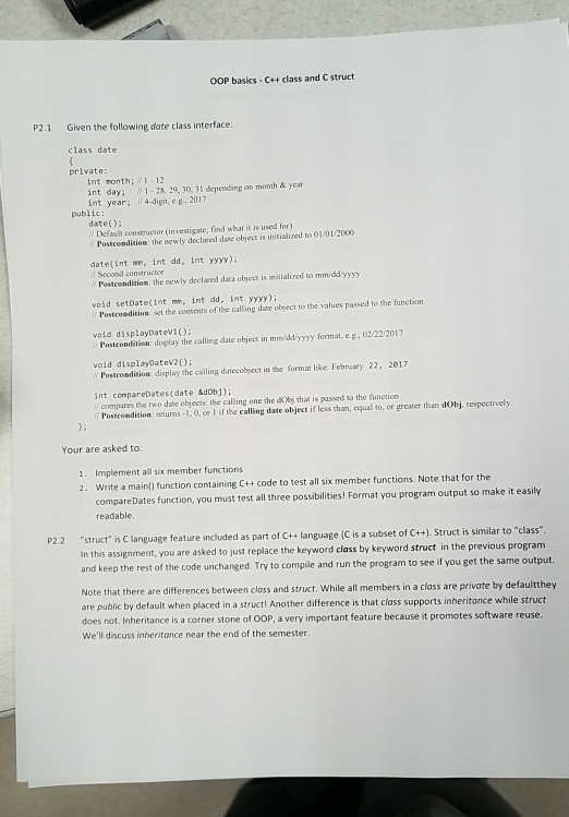  O0P basics C++ class and C struct P2.1 Given the following