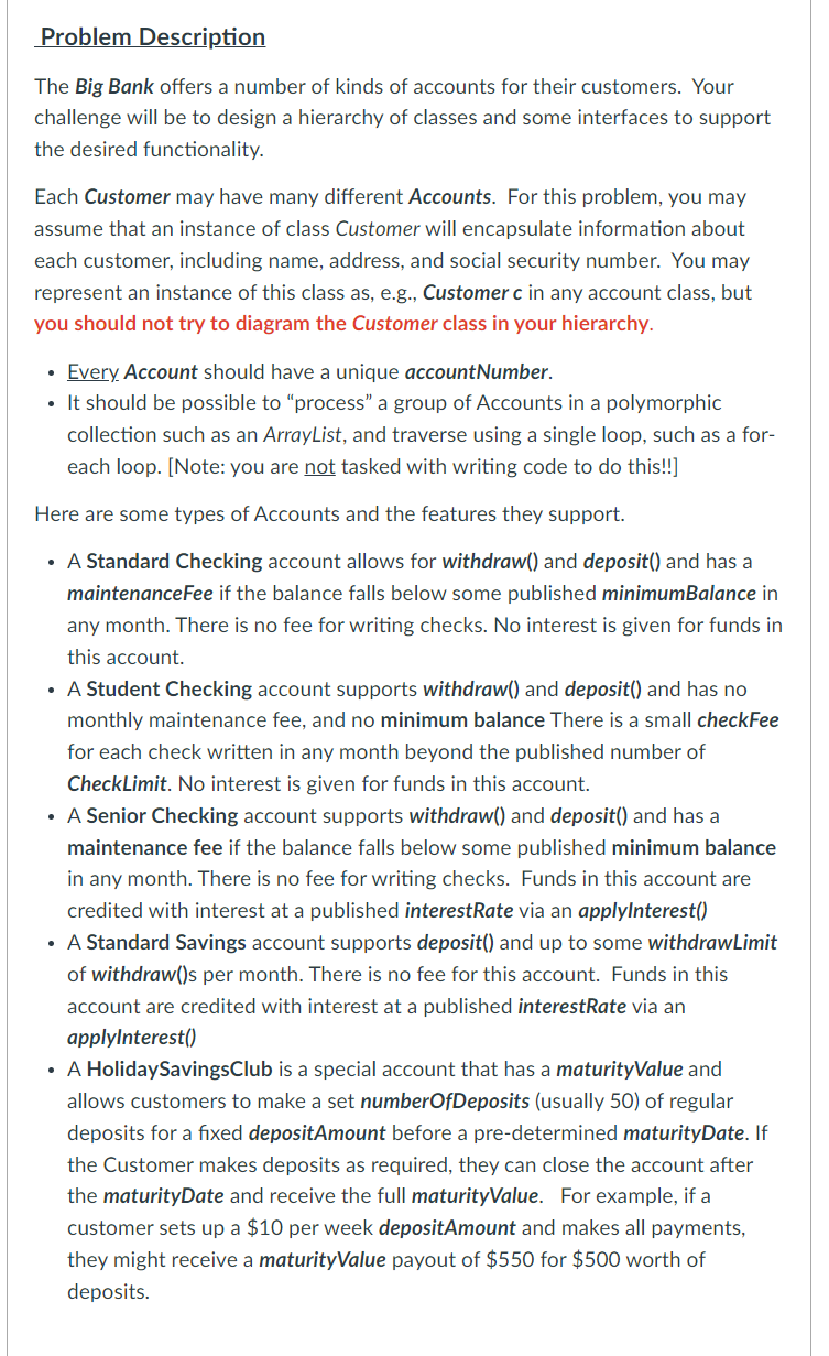  Problem Description For this problem, you will design an inheritance hierarchy