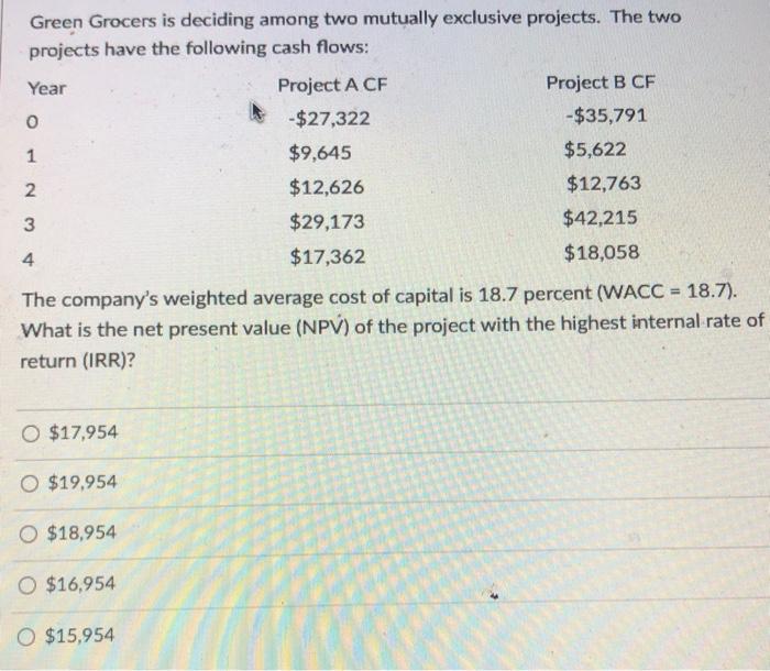  Green Grocers is deciding among two mutually exclusive projects. The two