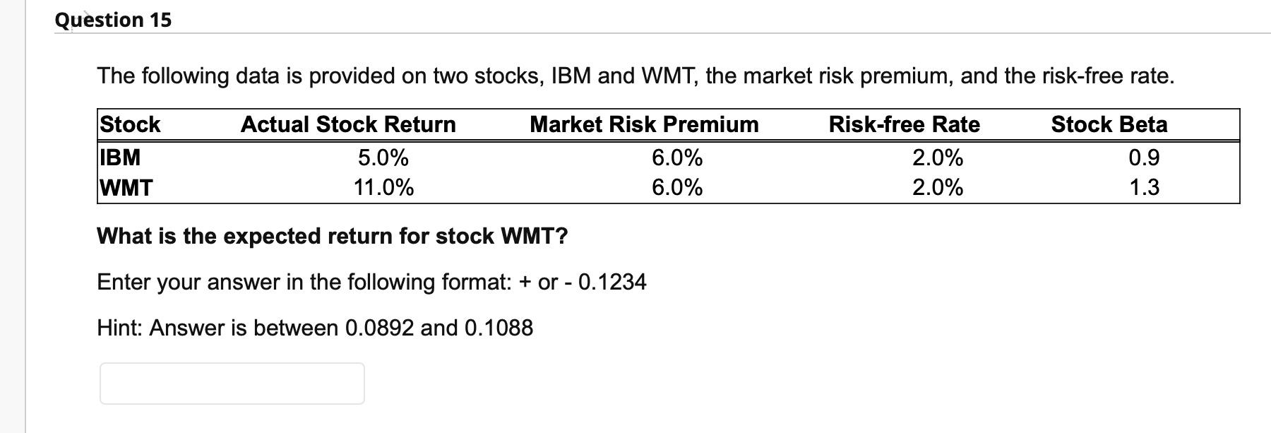  What is the expected return for stock WMT? Enter your answer