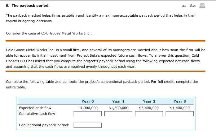 Aa Aa E 6. The payback period The payback method helps