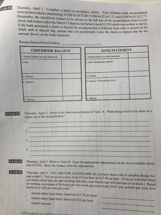 please help me out with my final please TASK 38 Thursday, April