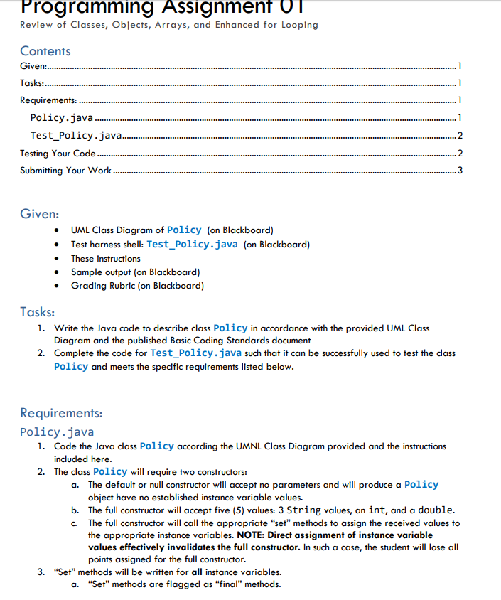the Policy class: * > null constructor * > full constructor *