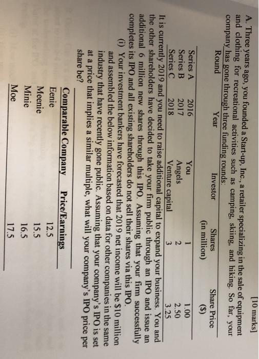  [10 marks] A. Three years ago, you founded a Start-up, Inc.,