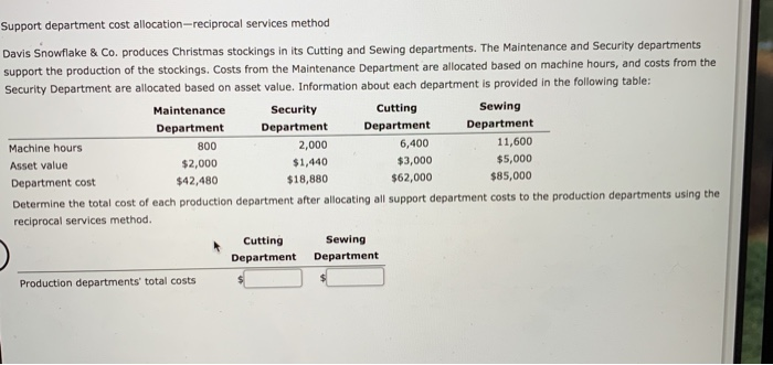  Support department cost allocation-reciprocal services method Davis Snowflake & Co. produces