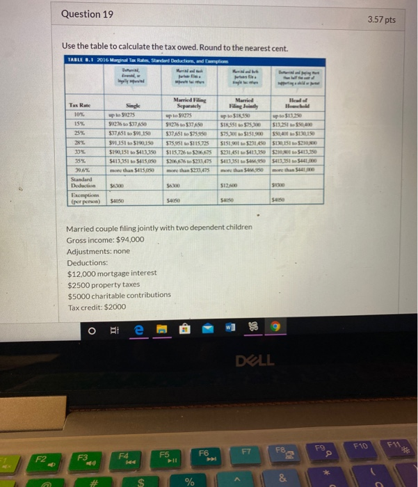  Question 19 3.57 pts Use the table to calculate the tax