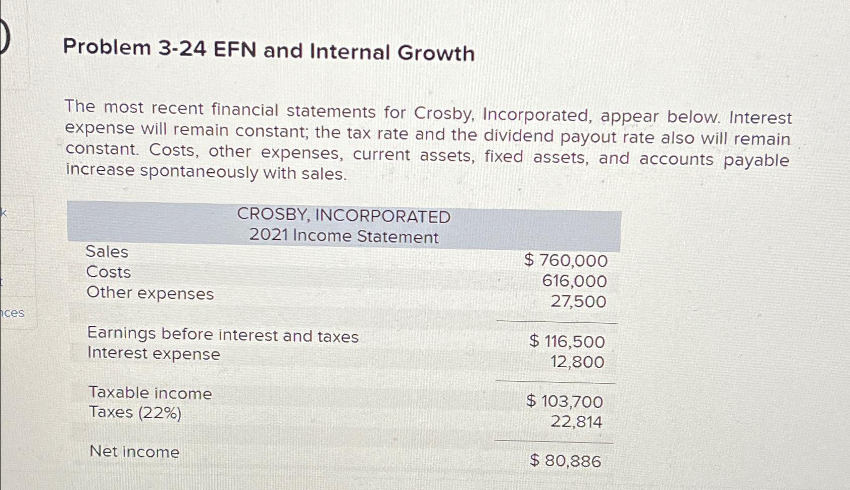  Problem 3-24 EFN and Internal Growth The most recent financial statements