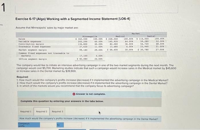  Exercise 6-17 (Algo) Working with a Segmented Income Statement [LO6-4] Assume