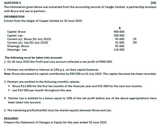 QUESTION 3 (20) The information given below was extracted from the