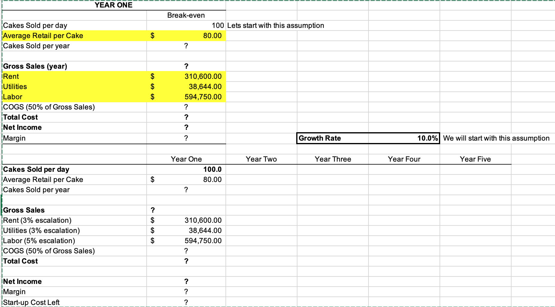 Please fill out the excel sheet below completely: YEAR ONE Sales COGS