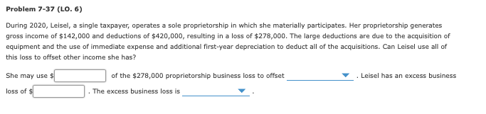  Problem 7-37 (LO. 6) During 2020, Leisel, a single taxpayer, operates